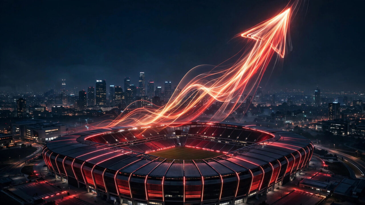 Finanças do Flamengo – estádio à noite com gráfico de crescimento